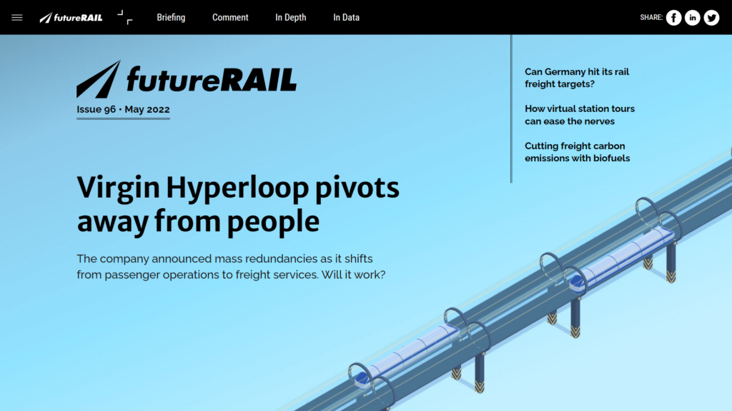 Future Rail Issue 96 May 2022 front cover. Virgin Hyperloop pivots away from people.