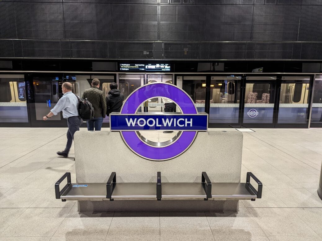 Photo showing the Woolwich Elizabeth Line Station roundel. The Elizabeth line capacity will help London.
