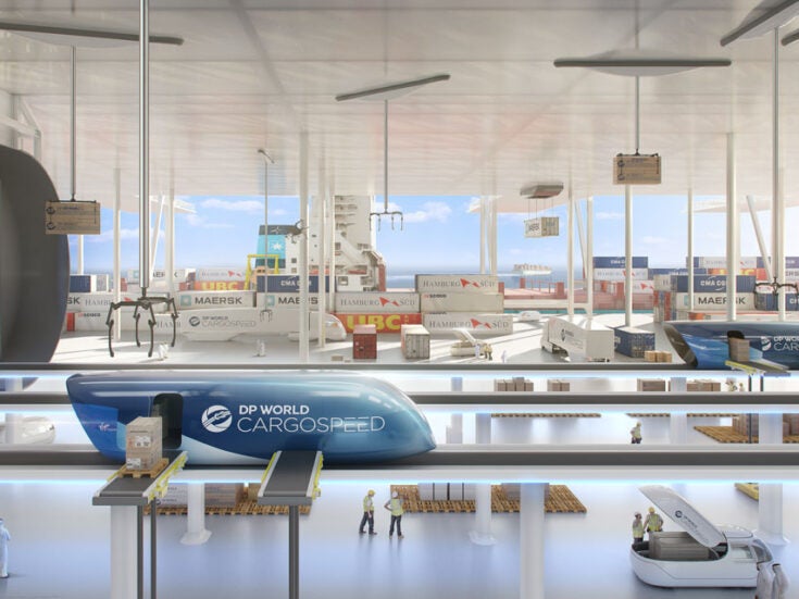 rendering of a virgin hyperloop freight terminal concept