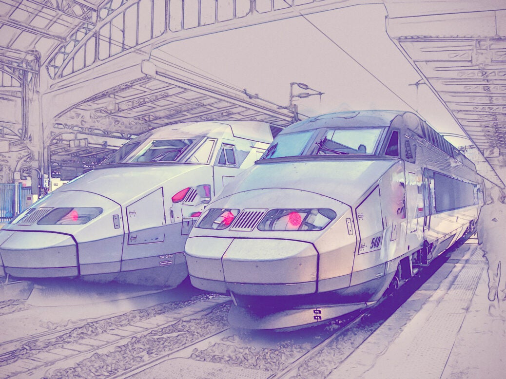 illustration of two high speed TGV trains waiting at a train station in France