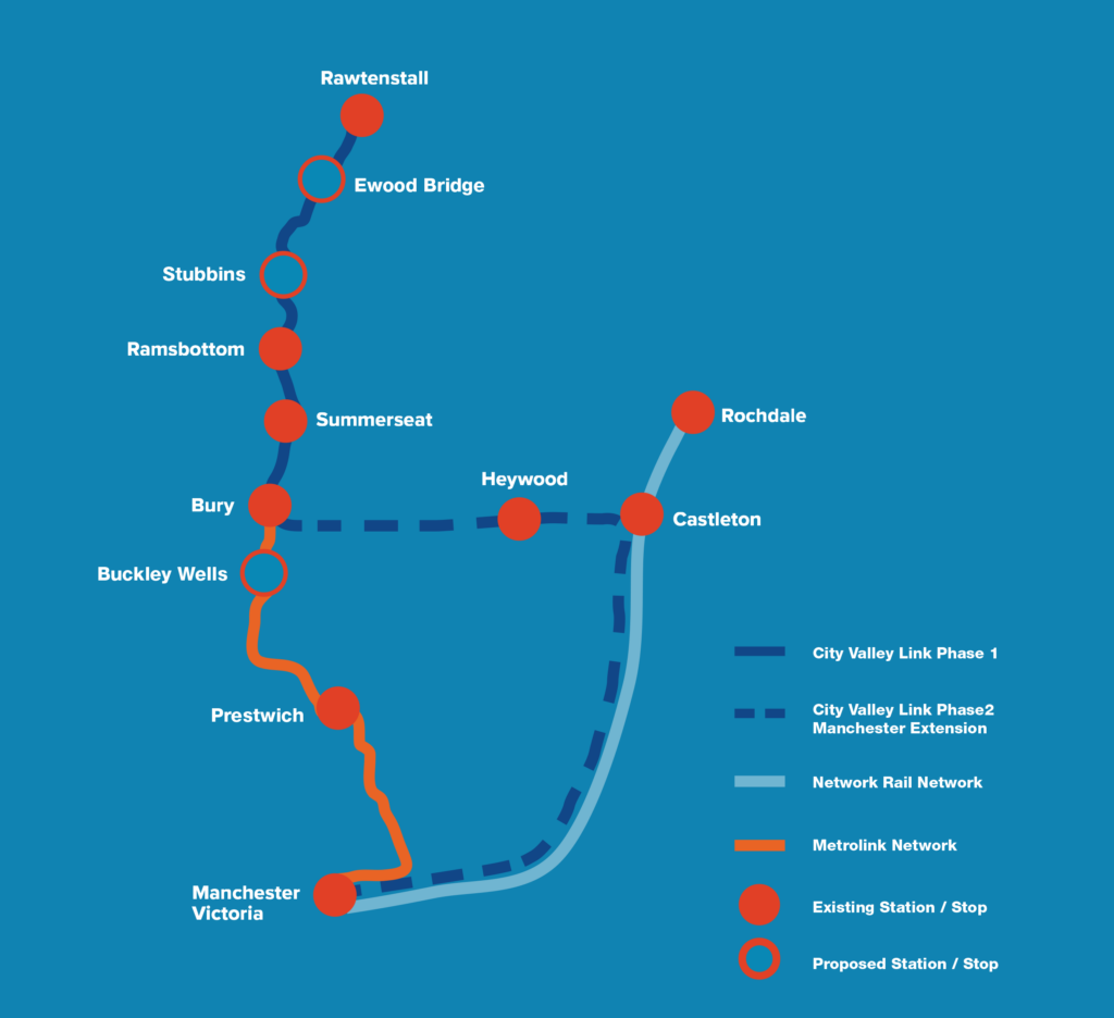 illustration de la carte routière montrant les différentes phases du projet de City Valely Link le long du réseau ferroviaire national et Metrolink existant