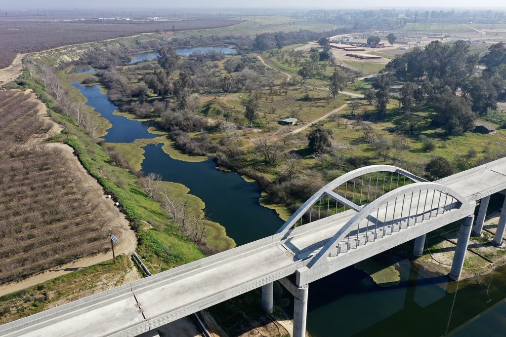 aerial photo of the san joaquin river viaduct crossing the san joaquin river in california