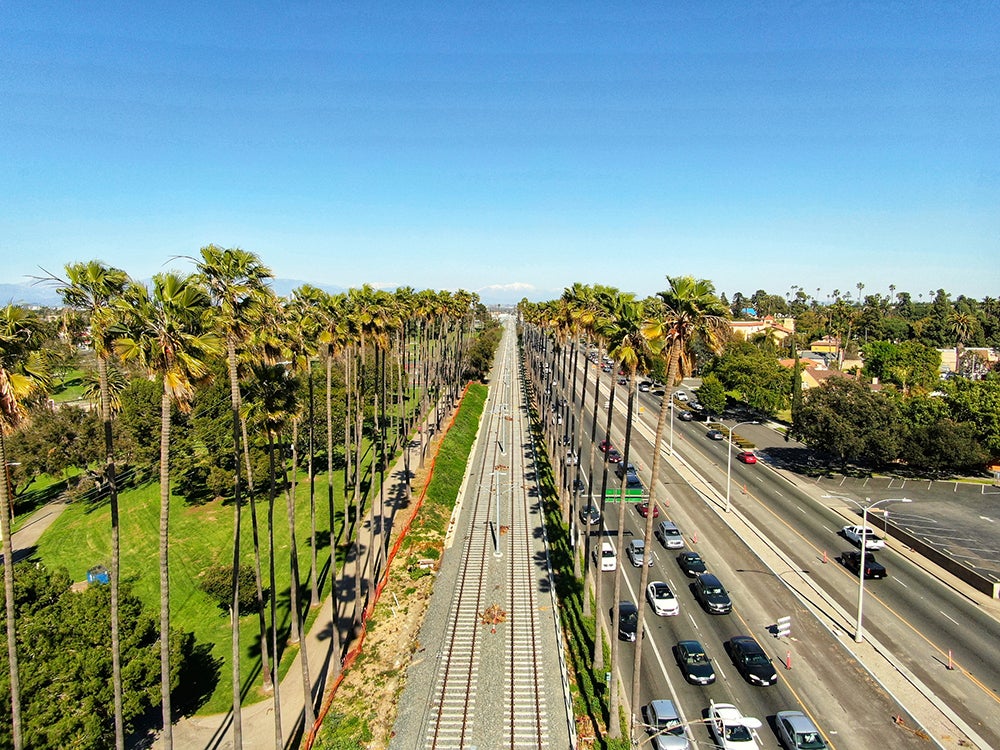 Railway line parallel to a road in california