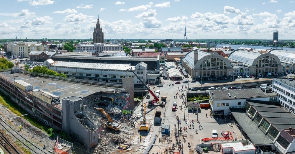 Demolition of the Titanic building in the centre of Riga in July 2022, to prepare for construction of the Rail Baltica train station 