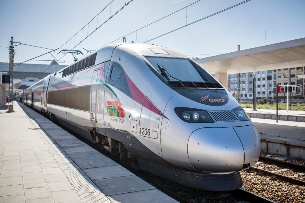 An Al-Boraq high-speed train, based on the TGV, at Casablanca station, Morocco