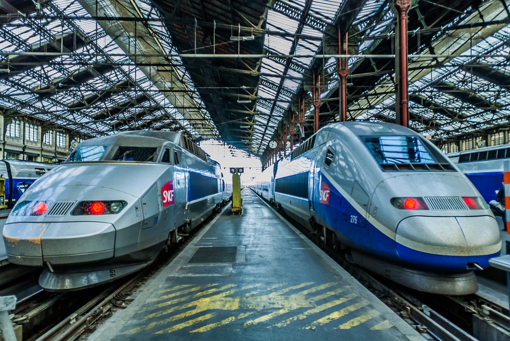 Two TGVs at Gare de Lyon station in Paris, France