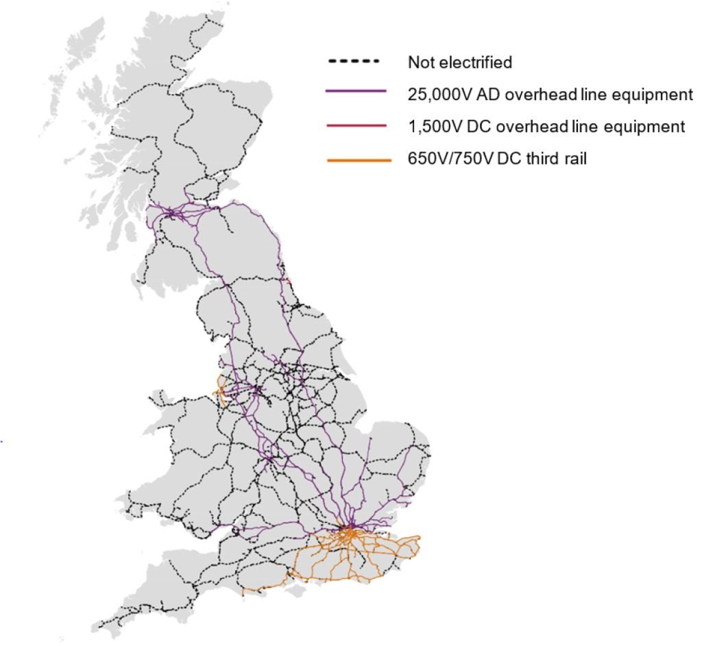 A map of the UK showing electrification of railway lines. A new RIA report has audited the UK Governments failure to meet decarbonisation targets set out in the TDP.