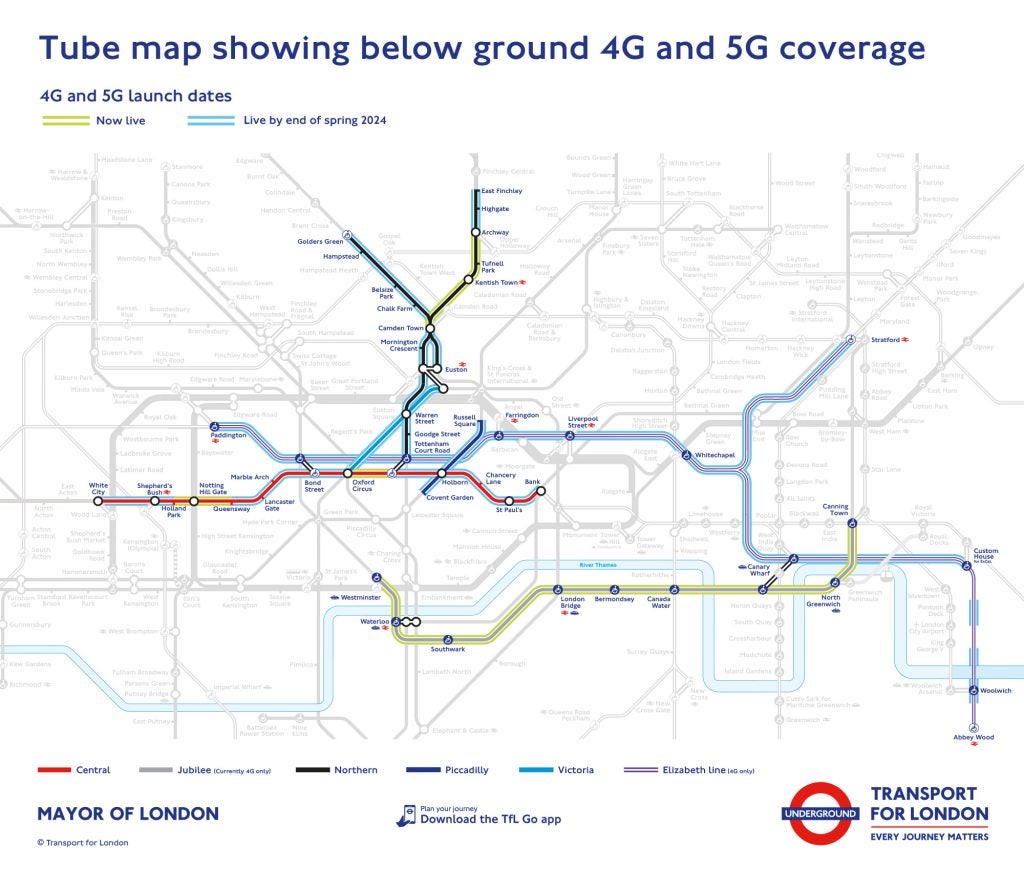 A map of the London Underground system highlighting the Central, Northern, Jubilee, Picadilly, Victoria and Elizabeth lines to show the 4G and 5G rollout expected by Spring 2024.