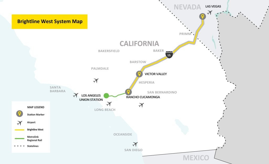 A map of the Brightline West route between Las Vegas and Rancho Cucamonga