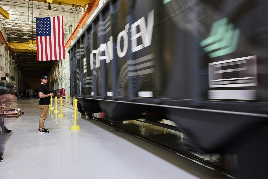 A rail car during testing at the Intramotev facility