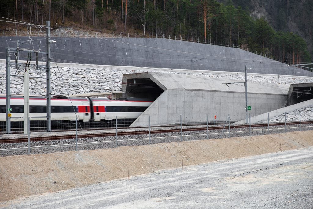 photo of a train entering the Gotthard Base Tunnel, the longest railway tunnel in the world.