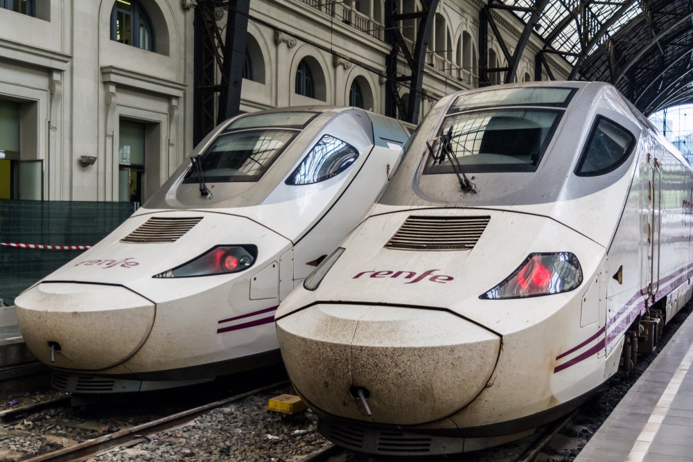Two Talgo 250 high-speed trains at Barcelona railway station. These are Renfe Class 130 trains are nicknamed Patitos. TGV Eurostar.