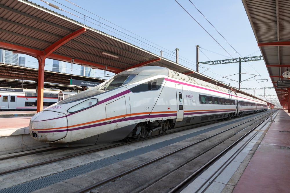 A Renfe Avant high-speed train and its wagons at Chamartin train station in Madrid, Spain. TGV Eurostar
