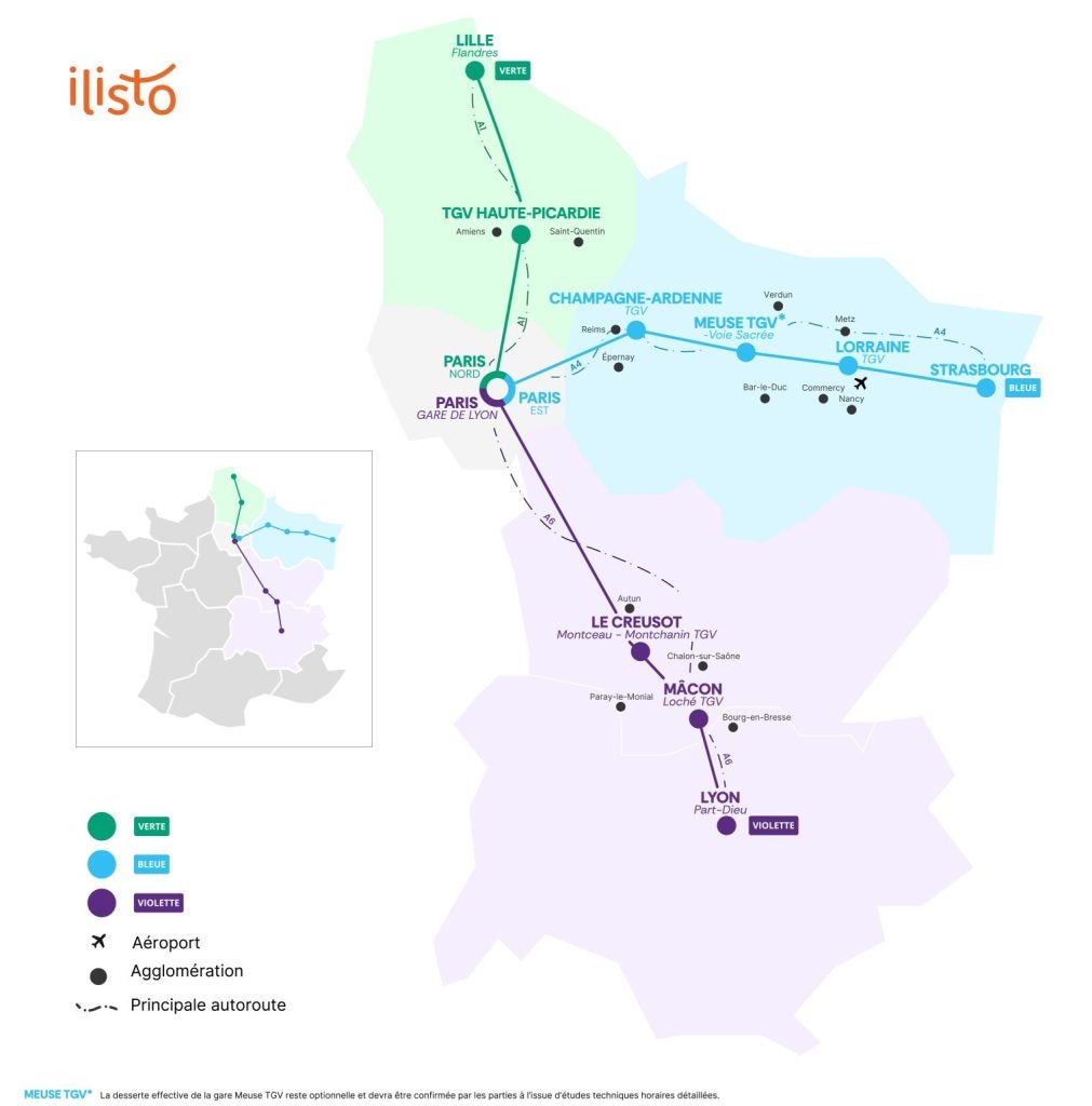 Carte de France montrant les itinéraires de service prévus par Kevin Speed ​​de Paris à Lille, Lyon et Strasbourg